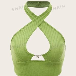 SHEIN Lime Green Butterfly Cross Wrap Hanky Hem Halter Crop Top